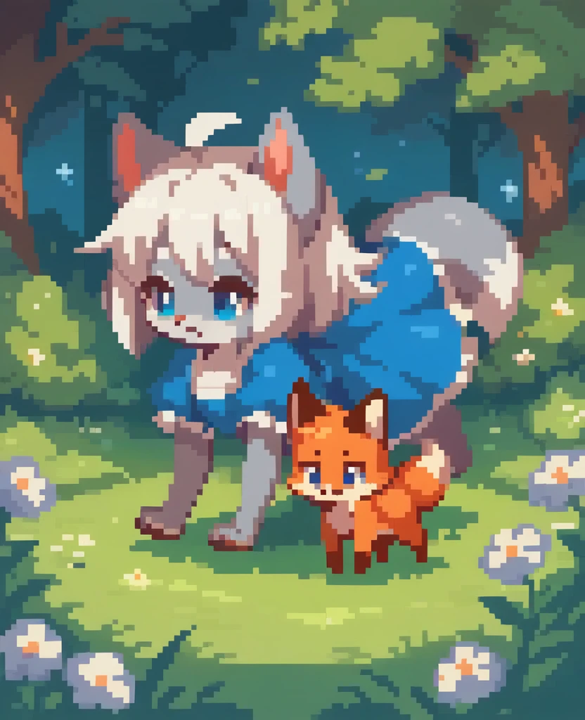 little fox, feral, gray fur, silver fur, blue eyes, white hair, girl, blue dress, cute fox, cub, running in all fours on the forest, night, chibi