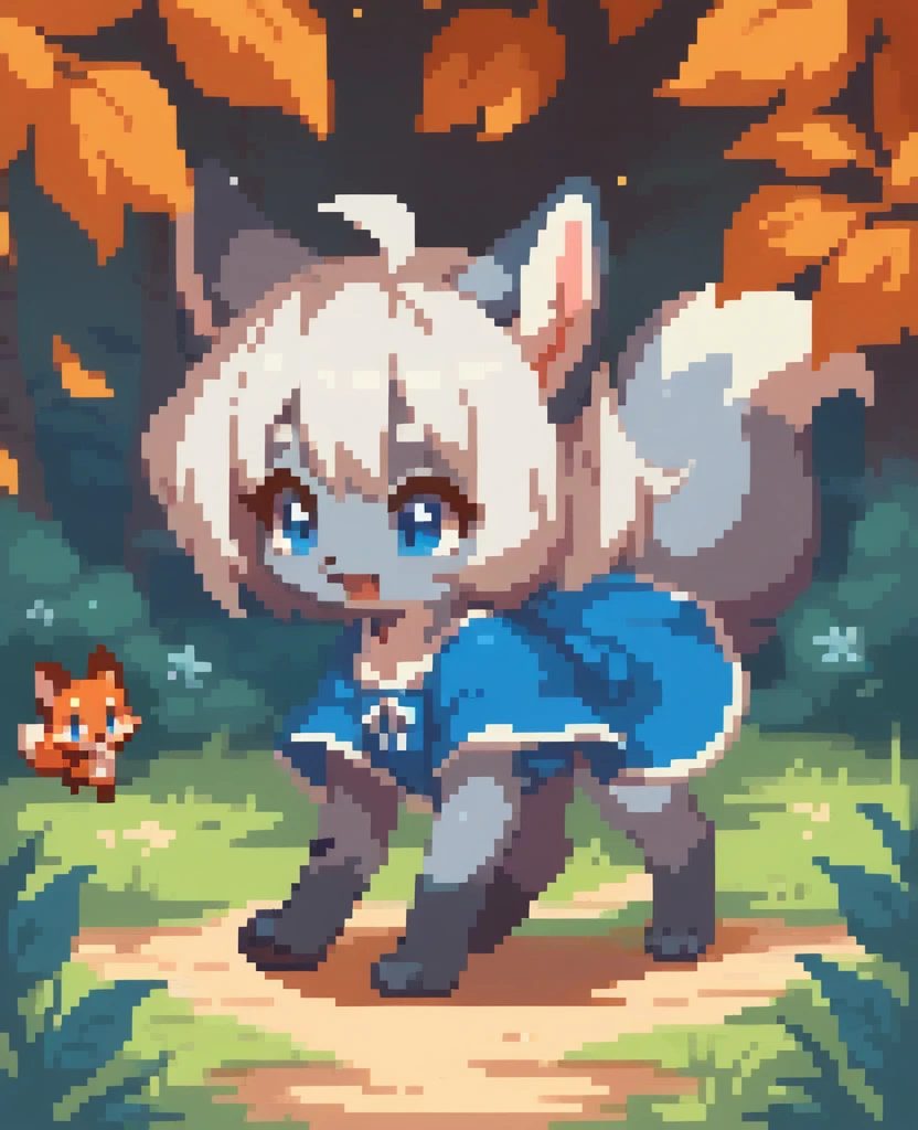 little fox, feral, gray fur, silver fur, blue eyes, white hair, girl, blue dress, cute fox, cub, running in all fours on the forest, night, chibi