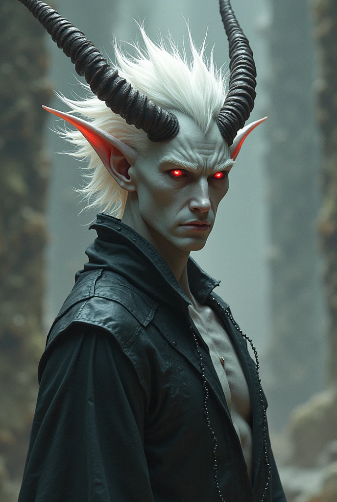 Masterpiece, perfect light and shadows, supernatural villain, human, strong, with cadaverous white skin, pale, detailed black eyes full of black shadows, earrings and piercings, mature, 50 years. Thin, withered lips. Wearing a black tunic (apparent hairless chest) richly embroidered and stoned, behind him is a hellish and hazy scenery, voldemort of nose, drax of pale white skin, whole body tattooed with pagan runes, illustration