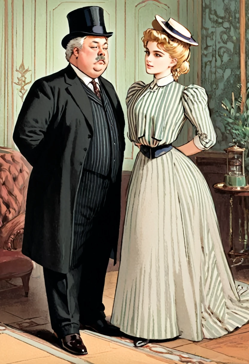 portrait of (((a small gorgeous well-endowed 14yo blonde bimbo fucked by her large elderly overweight 69yo suitor))) in the parlor, art nouveau drawing. Year 1901. 1900_dr3ss. Girl with light makeup wearing a fashionable Edwardian dress and hat, hourglass figure, bubble butt. Man with an aged face and white hair wearing morning suit. 1girl, 1man. NSFW. Clothed sex, non nude