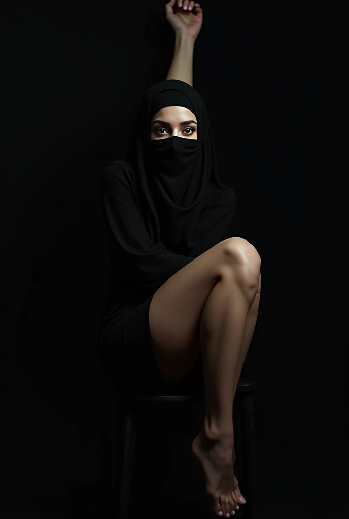 (Photography)(dynamic) Show a Malay female, sitting on chair. Wearing hijab. Mouth covered. Hands chained.