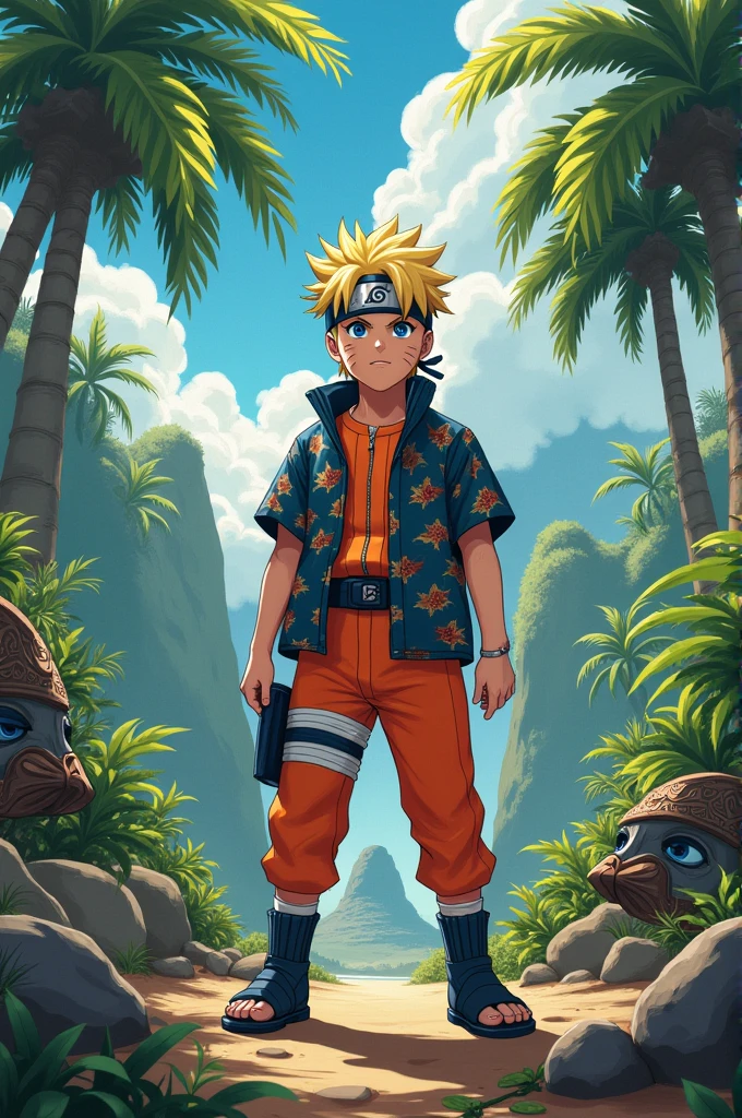 Create a vibrant and lively image of Naruto Uzumaki from the Naruto series, depicted in modern casual clothes as if he's preparing for a day at the beach in Goa. Naruto is wearing a stylish, comfortable outfit suitable for a beach outing: a brightly colored, short-sleeved shirt with a fun tropical pattern, paired with casual shorts and flip-flops. He has a pair of trendy sunglasses perched on his head, and a beach towel draped over his shoulder.

The scene is set in the early morning, with the first light of dawn casting a warm, golden glow. Naruto is standing on a balcony or near a window, looking out towards the beach with a wide, excited smile, capturing his energetic and enthusiastic personality. The background includes glimpses of palm trees swaying gently in the breeze and the calm ocean waves reflecting the early morning sunlight.

A soft, pastel-colored sky with the sun just beginning to rise adds to the serene and fresh morning atmosphere. There might be a few beach-related items nearby, such as a beach bag, a surfboard, or a beach ball, suggesting his plans for the day.

The overall style should be lively and contemporary, with a focus on capturing Naruto’s characteristic enthusiasm and the vibrant, tropical feel of a beach morning in Goa. The art should evoke a sense of adventure and fun, highlighting Naruto’s readiness to enjoy a beautiful day by the sea.