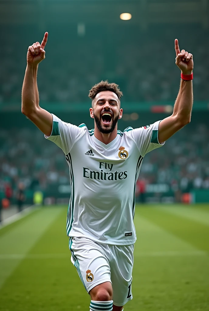 Stunning Rogerinho ,  offwhite,and is Brazilian, short dark brown hair, and he doesn&#39;t have a beard, and has the face of a child around 8 or , and he is a Real Madrid player, photo in 8k, in action, cinematic.he celebrated his goal