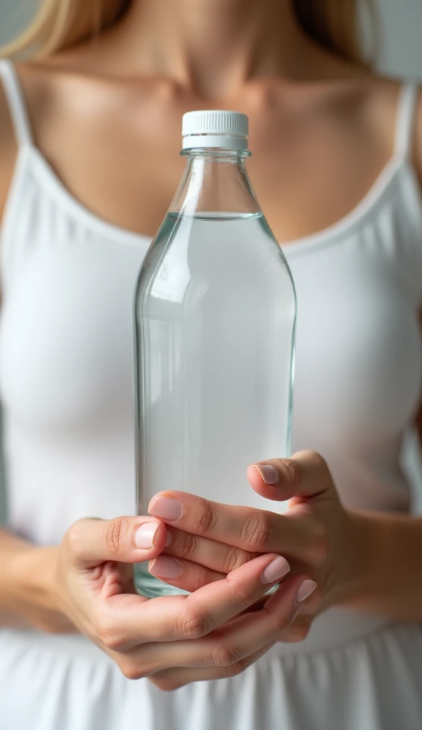 A closer look at a better masterpiece:A woman holds an unlabelled clear plastic bottle between her breasts, pushing them together、Large Breasts、Black Bra