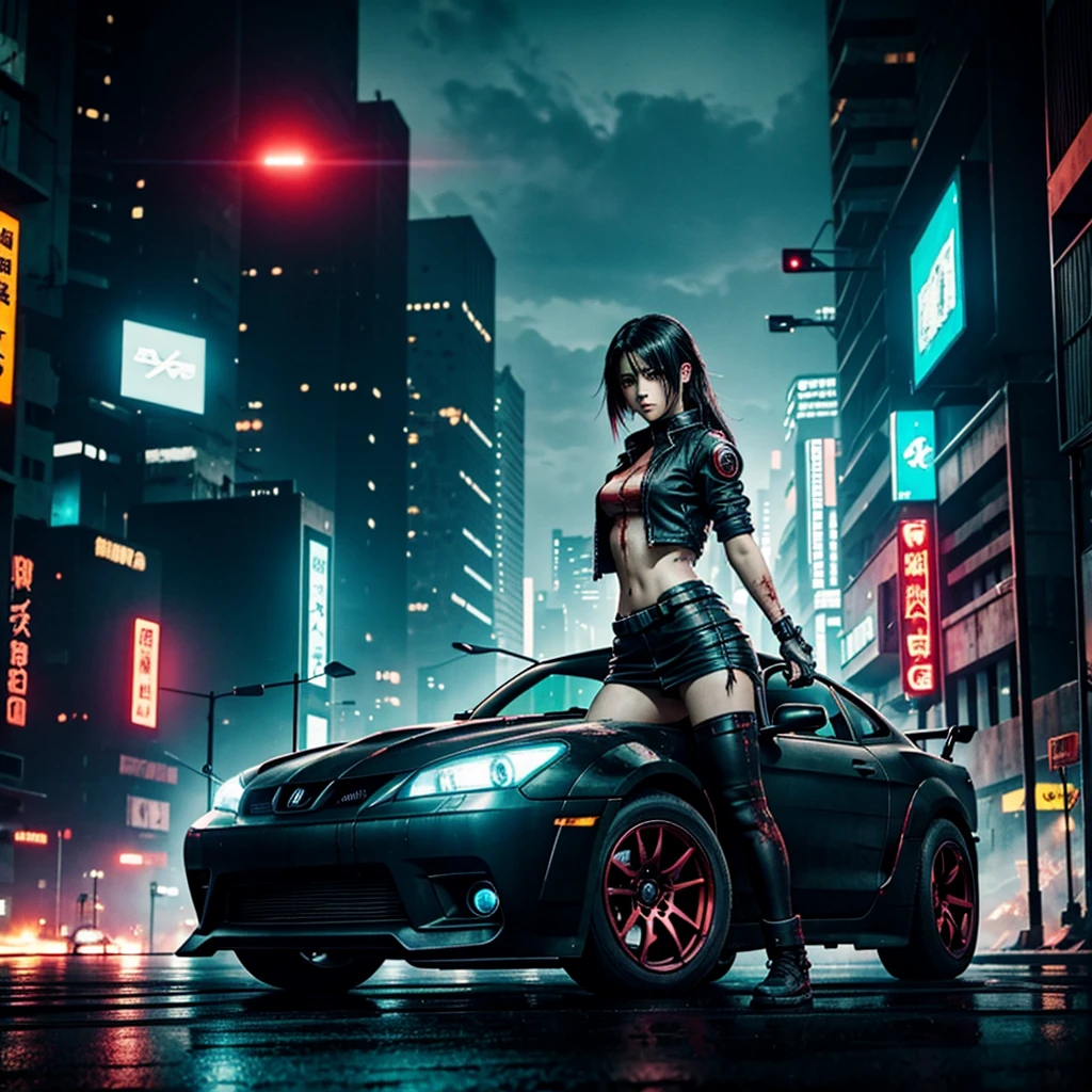 8k, Realistic Skin Texture, Realistic Photo, Neo Tokyo, slim women, large-breast:1.4 cleavage:1.3, AD2050 at night, Dirty hunting jacket, Wearing tube top, miniskirt, (((black sunglasses, automatic rifle, sneakers, cold, shooting pose, very low angle view))), Innovative composition, revenge, cyberpunk, blade runner worldview, Large neon sign, Geisha hologram sign, Strong Wakamoto Sign.