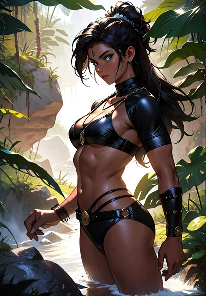 jungle woman, loin cloth, powerful thighs, body paint, armpit, savage pose, messy hair