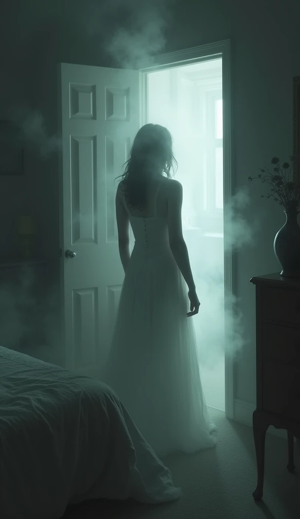 A Haunted hotel room,sexy girl,dark light,candles, horror window,night time
