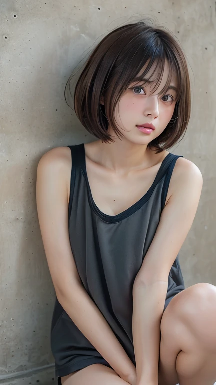 (((Straight, shoulder-length, brown mini bob)))、(((目が細くLight eye makeup)))、(((Standing alone on the rider'Black leather jacket with the backdrop of a Kabukicho alley at night.)))、(((Please wear clothes that cover your arms....)))、Half Japanese and half Korean、18-year-old girl、independent、look forward to、Light eye makeup、Brown Hair Color、flat 、Hair blowing in the wind、Quality of actress、Shiny, Ultra-realistic faces、smileの表情、Watery eye、look up、Soothing lighting effects、 Ultra-Realistic Capture、Very detailed、High resolution 16K human skin closeup。Skin texture must be natural、Must be so detailed that pores are visible、skin is healthy、Must be of uniform tone、Use natural light and colour、High quality photos taken by modeling agencies'Exclusive photographer、smile、(((Sigma 300mm F/2.8,1/1000 sec shutter,ISO400)))