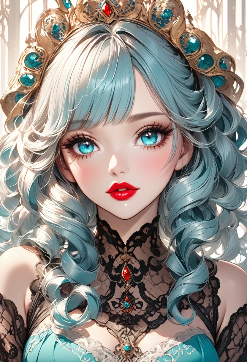 Light blue hair, Turquoise Eyes, Long eyelashes, Big Red Lips, Apricot-colored eyes, Beauty, Girly, Curly Hair Princess