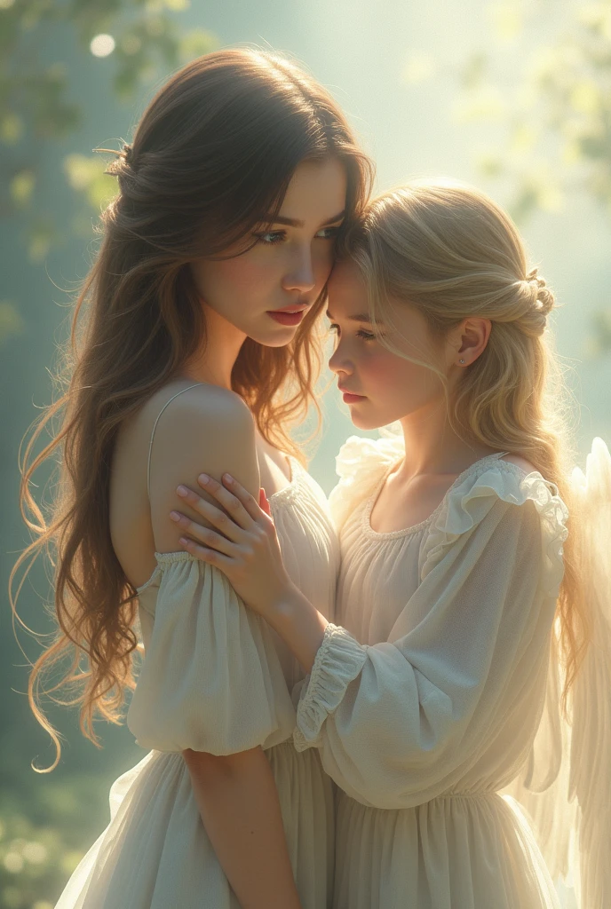 Beautiful little blue-eyed 9 year old Russian medieval princess being harassed and groped in a dark room in a transparent white dress by a man over 35 years old who touches her legs, kissing her breasts