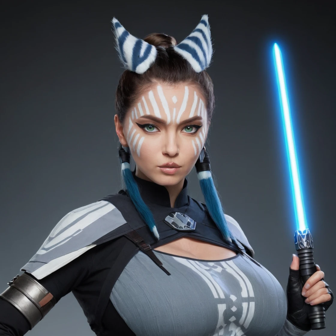 BustyEmaxl, long, dark light brown hair; fair skin; green eyes; thin nose; full lips; thick, arched eyebrows; pointed chin. She is 1.75 m tall and weighs 58 kg. She has a generous 36DD chest. She is a female warrior wearing a costume inspired by Ahsoka Tano. She is dressed in a sleek and futuristic combat outfit, with a fitted top and combat pants made of sturdy fabric, combining shades of gray, brown and blue. Her arms are protected by long gloves and metal bracelets, and her boots are made for agility in combat. She also carries her signature lightsabers, one in each hand, emanating a blue or white glow. Her appearance is completed by her characteristic striped montrals and lekkus, echoing her Togruta heritage. Her face is made up with her distinctive white facial markings, reflecting her unique nature and past as a Jedi. The background could be a stellar battlefield, with ancient temple ruins or an alien landscape, reinforcing her status as an intergalactic fighter.