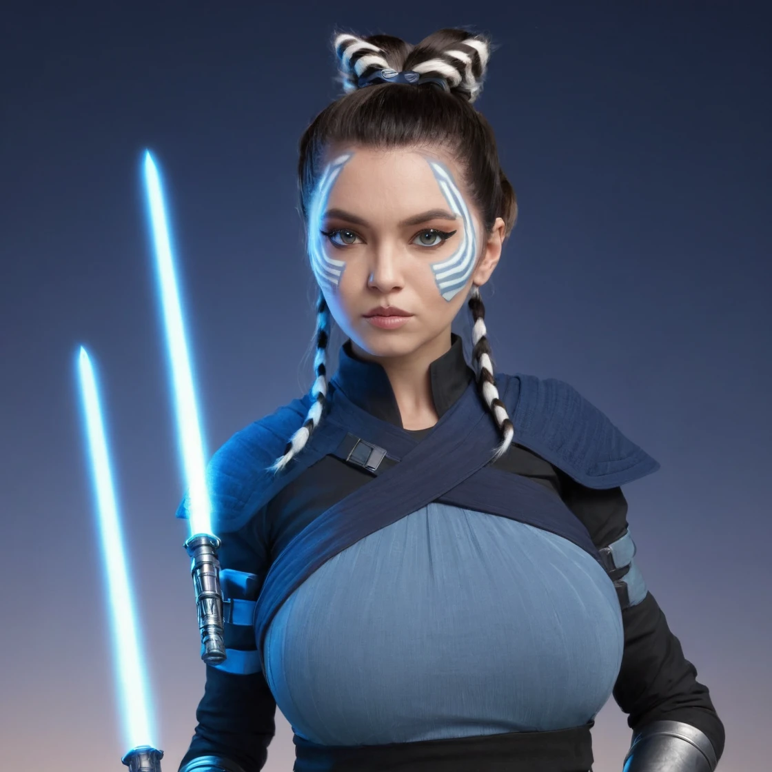 BustyEmaxl, long, dark light brown hair; fair skin; green eyes; thin nose; full lips; thick, arched eyebrows; pointed chin. She is 1.75 m tall and weighs 58 kg. She has a generous 36DD chest. She is a female warrior wearing a costume inspired by Ahsoka Tano. She is dressed in a sleek and futuristic combat outfit, with a fitted top and combat pants made of sturdy fabric, combining shades of gray, brown and blue. Her arms are protected by long gloves and metal bracelets, and her boots are made for agility in combat. She also carries her signature lightsabers, one in each hand, emanating a blue or white glow. Her appearance is completed by her characteristic striped montrals and lekkus, echoing her Togruta heritage. Her face is made up with her distinctive white facial markings, reflecting her unique nature and past as a Jedi. The background could be a stellar battlefield, with ancient temple ruins or an alien landscape, reinforcing her status as an intergalactic fighter.