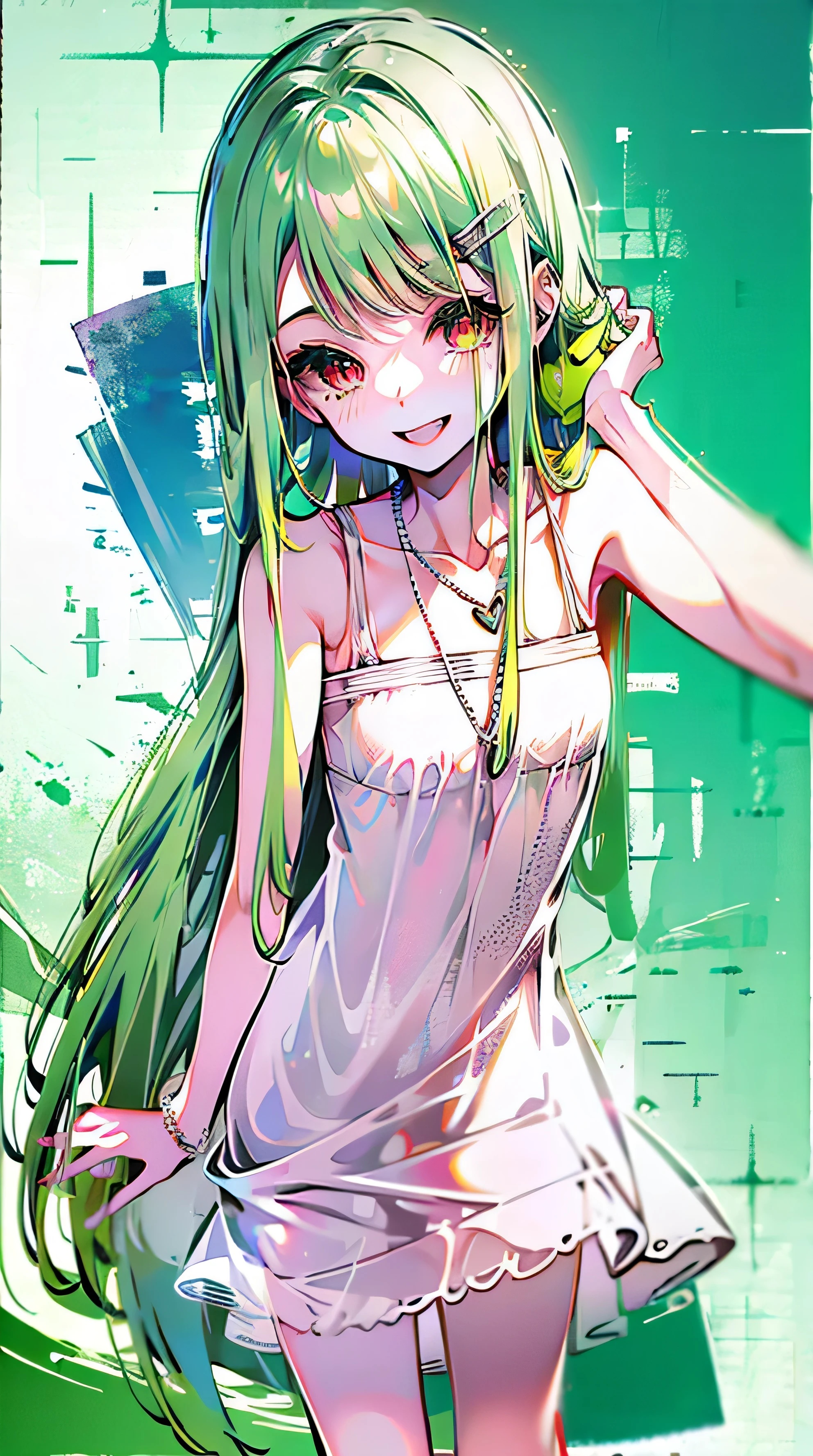 4K, masterpiece, 8k, high quality, high quality, cute student, Very white skin, absurdly long lime green hair, Thin green eyebrows, swept bangs, (small Chest), feminine, Tilt, Elegant, Elegant, cute, smile, cute, smiling, plain white mini dress, (((red eyes))), ((long sidelocks)), silver heart necklace on her upper chest, cowboy shot