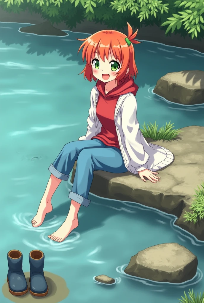 Edward,midriff,orange hair, (((naked))) collarbone,tan skin, brown eyes, bathing in outdoor hot spring, sitting in hot spring, steam in air, smiling, bedroom eyes, breasts, (insanely detailed, beautiful detailed face, masterpiece, best quality), looking at viewer,