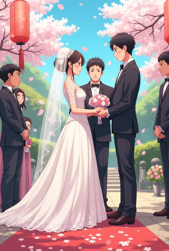 A woman's hand with 5 fingers wearing one ring marrying 5 grooms, scene in the wedding hall manhwa version