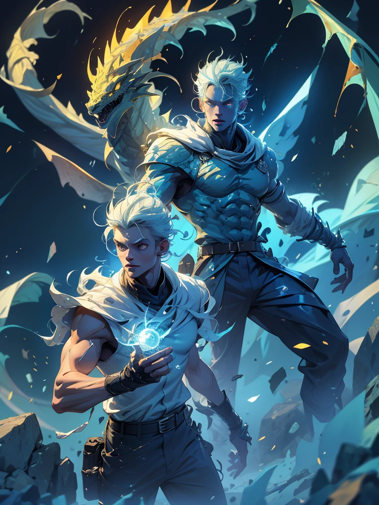 2 man, half white dragon with a slightly blue aura, and with some scales around the eyes, yellow eyes, cinematic, full body, emanating ice energy, White and spiky hair, yellow eyes, (((mascara they))), Wearing a white button down shirt, wearing black pants, Wearing a brown belt, Wearing brown boots, wearing half finger tactical gloves, vestindo shoulder holster marrom.