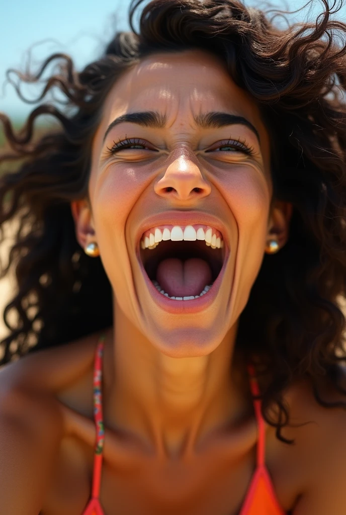 Photorealistic, female younger teen, black, nude, kneeling on tropical beach, eyes closed, (mouth very wide open and tongue sticking out) , top down view