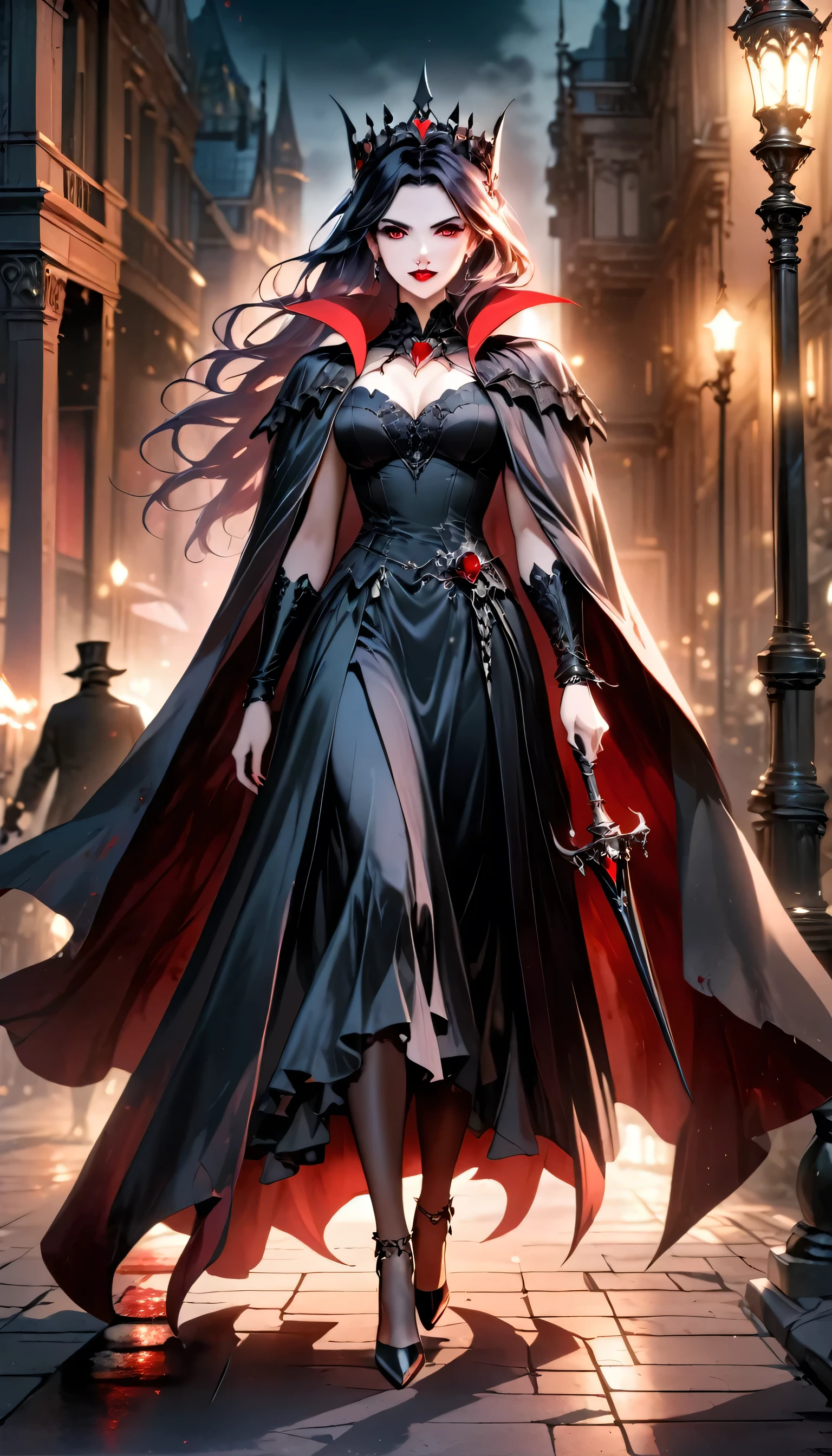 fantasy art, RPG art, ultra wide shot, a picture of a vampire queen in the big city, a beautiful mature vampire queen, elegant queen, dynamic hair color, dynamic hair style, wearing intricate silk dress, flowing cloak, high heels, holding a royal scepter, red diamonds, dipped with blood, standing in goth city at night, goth buildings, lit by torches, moon in the sky, 16k, [ultra detailed], masterpiece, best quality, (ultra detailed), full body, ultra wide shot, vampire teeth