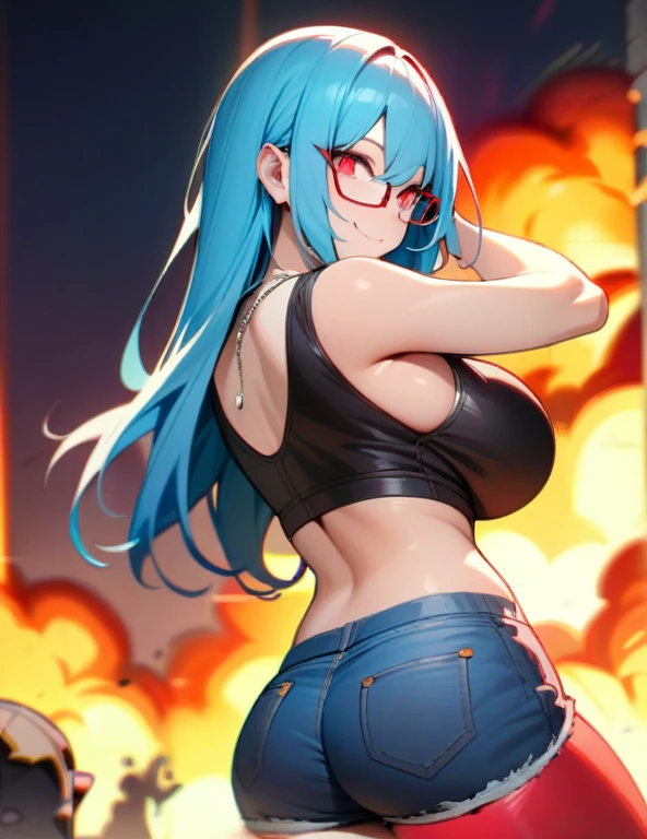 (masterpiece), best quality, expressive eyes, perfect hybrid succubus girl face, long cyan and blue hair, scarlet red eyes, glasses, smile, black tight sports top, silver necklace between breasts, blue denim shorts, red stockings, big perfect breasts, from behind, explosion in the background,making a jojo pose, looking at you with a smile, nfsw.