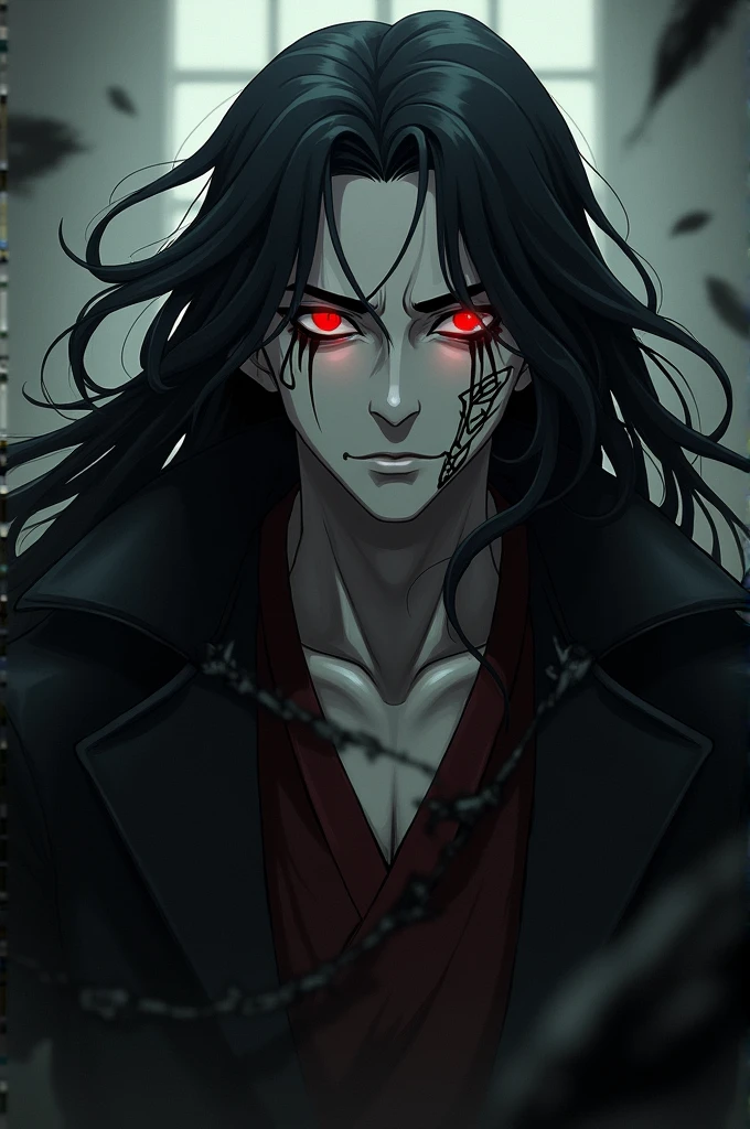 Anime character man with longish, completely black hair, but with red tips