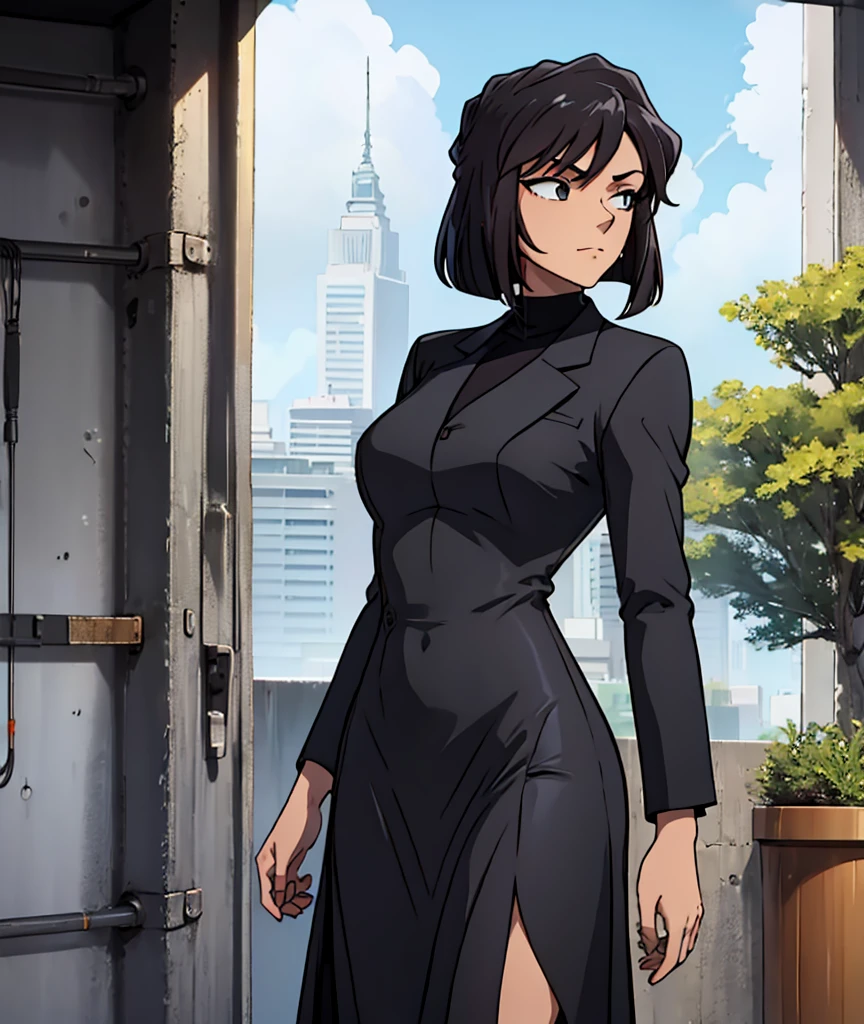 1women,solo,long hair,black hair,black suit,black skirt,mother,