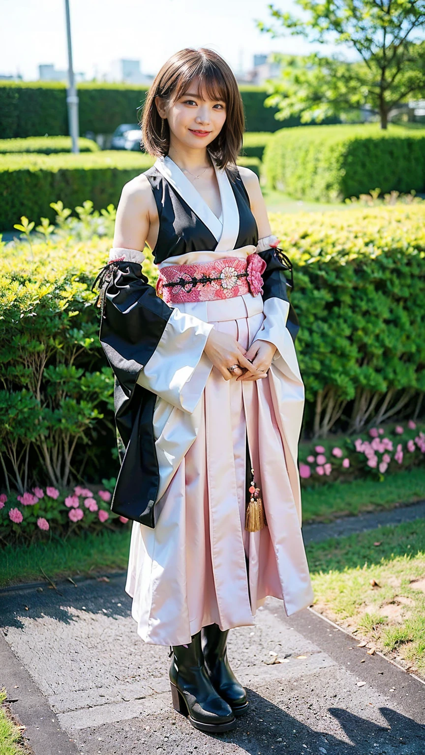 Japanese cyberpunk high fashion of Oiran kimono cool girl, white kimono, cyberpunk, gold color, full body standing,huge breasts, (Dynamic light and shadow, High resolution, Sharp focus, Depth of written boundary), against bright pink background, nsfw
