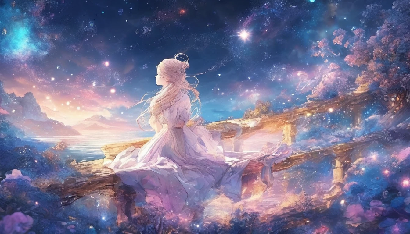 a woman dreaming in a beautiful galaxy,soft and surreal colors,(best quality,4k,high-res:1.2),ultra-detailed,impressionistic style,star-filled night sky,dreamy atmosphere,gentle moonlight,cosmic patterns,peaceful ambiance,subtle transitions,sublime beauty,dreamlike surroundings,quiet serenity,sleeping peacefully in her cozy bed,tranquil and otherworldly scenery,sublime celestial backdrop,serene and ethereal,subconscious journey,cosmic inspiration,vibrant and captivating colors,dreamlike abstraction,magical and mesmerizing vision,deep sense of wonder and awe,lucid dreams,galactic dreamscape,relaxing and introspective experience,luminous stars shining brightly,blissful state of mind,soothing and calming environment,whispers of the universe,mysterious and enchanting,just drifting away.