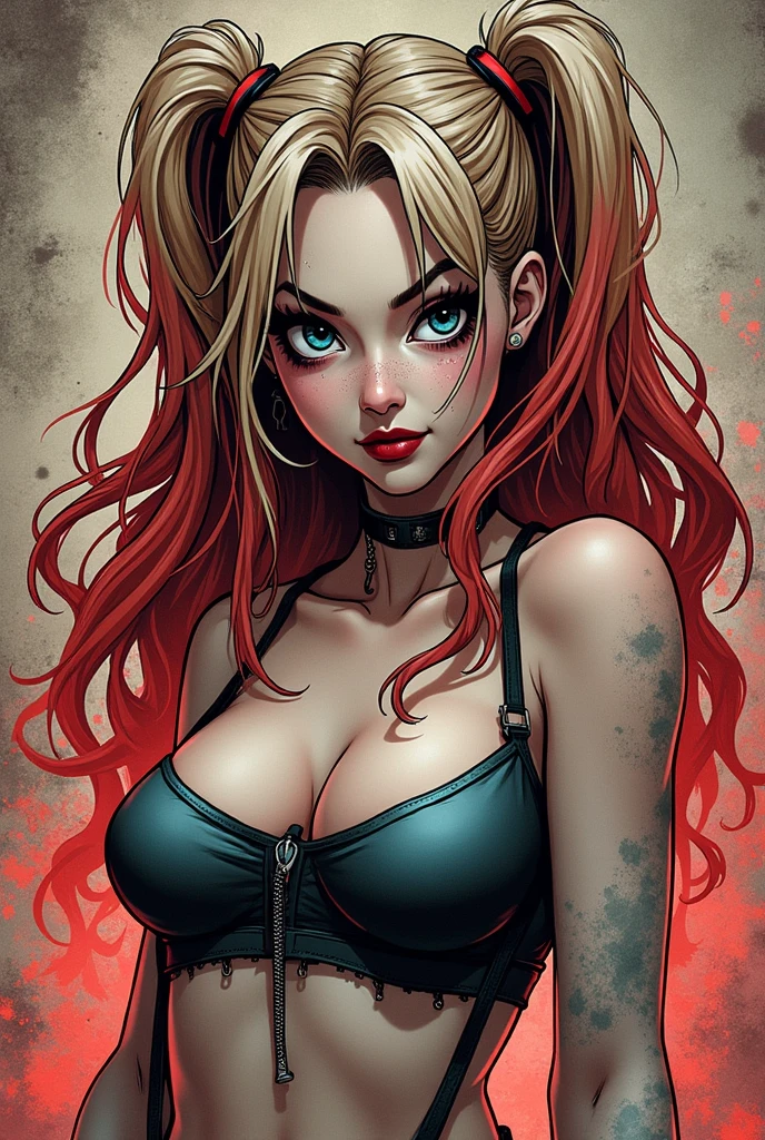 An ultra meticulously detailed retro comic, pop art style, exaggerated Ben-Day dots, colored pencil, hand drawn illustration portraying a portrait by Clyde Caldwell and Gil Elvgren of a gorgeous retro pin up, undead zombie girl in a short and cute retro cherry print sundress and cherry dangle earrings. Skin rotting and falling off of the face, showing jawbone on the side where cheek-flesh used to be. Sunny cityscape background. Retro horror comic book art, perfect, smooth