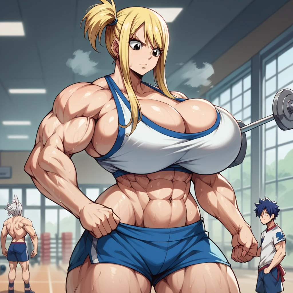 Massive breasts, {Ultra gigantic breasts} massive cleavage, mature, hot and sweaty, gym, giantess, toned abs, muscular, lucy, fairy tail, huge muscles. Large biceps