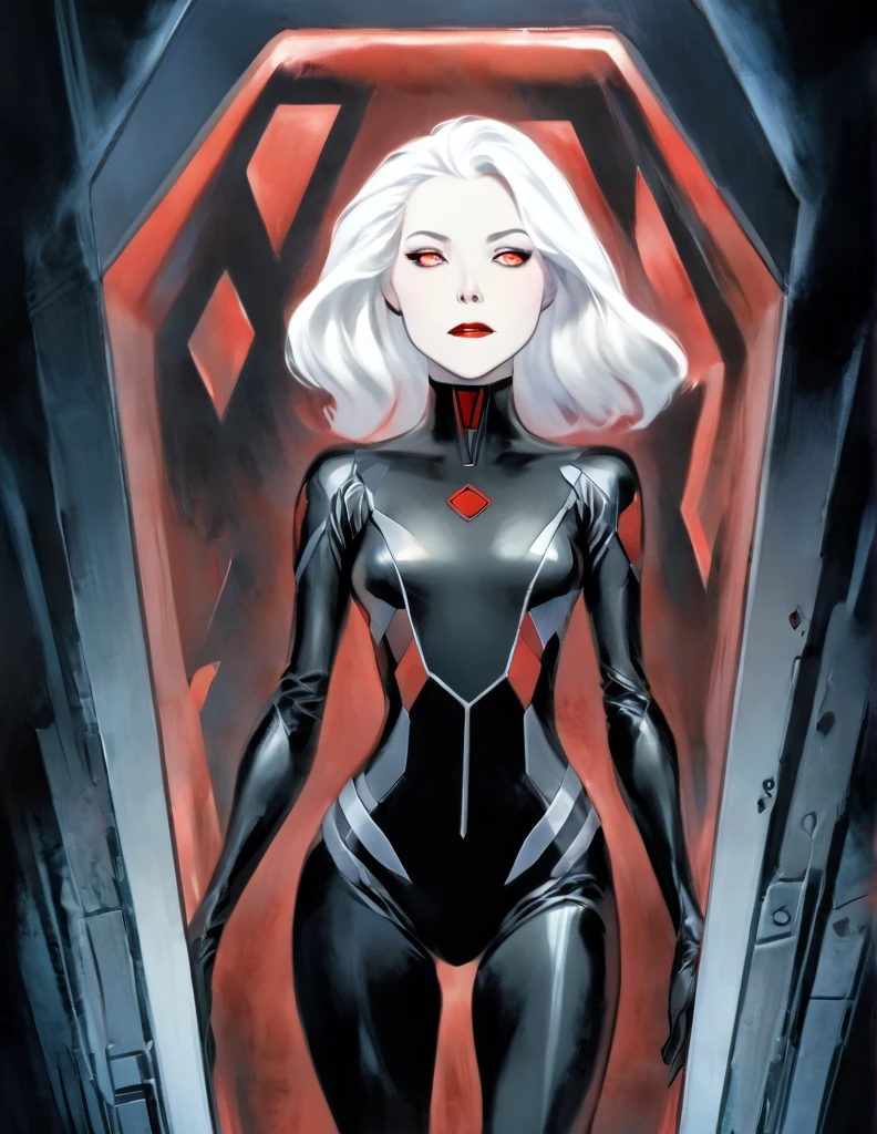 Pale Middle aged white haired Woman wearing a black sci-fi body suit. She has a calm dead pan expression. She is laying inside a geometric scifi coffin that glows red. The room is very dark with the only light coming from her coffin. Yhe whites of her eyes are black