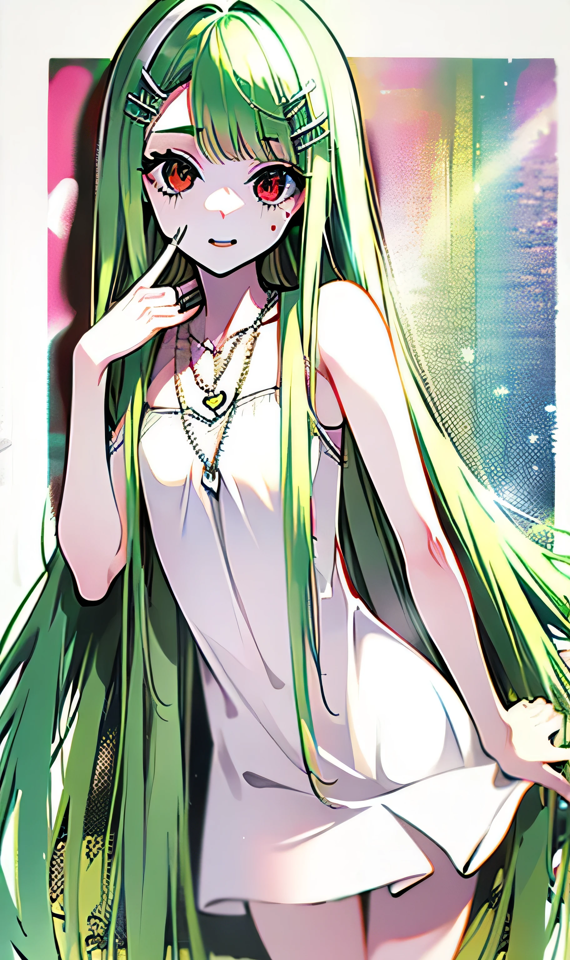 4K, masterpiece, 8k, high quality, high quality, cute student, Very white skin, absurdly long lime green hair, Thin green eyebrows, swept bangs, (small Chest), feminine, Tilt, Elegant, Elegant, cute, plain white mini dress, (((red eyes))), ((long sidelocks)), silver heart necklace on her upper chest, cowboy shot, colorful