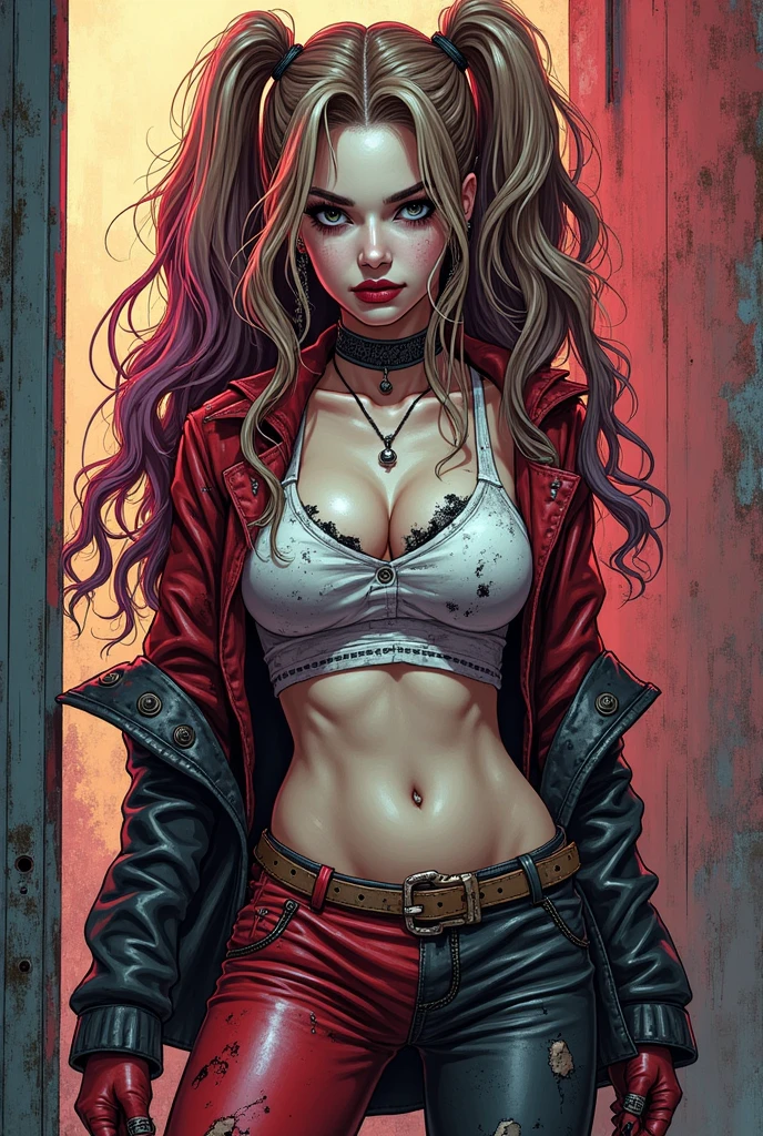 (((mulher))), (((melhor qualidade))), (((obra prima))), (((adulta))), Uma guerreira mulher de 35 anos com corpo perfeito, She-Lobo, (( under boobs )), quase nua no estilo selvagem urbano de Simon Bisley para a capa da revista Heavy Metal, cabelo loiro, Minimum clothing, armadura (vermelho escuro com estrelas brancas), cheio de pontas e rebites manchadas de tinta, tatuagem de estrelas de 5 pontas, (((corpo inteiro))), cabelo preto curto com franja branca cobrindo a testa