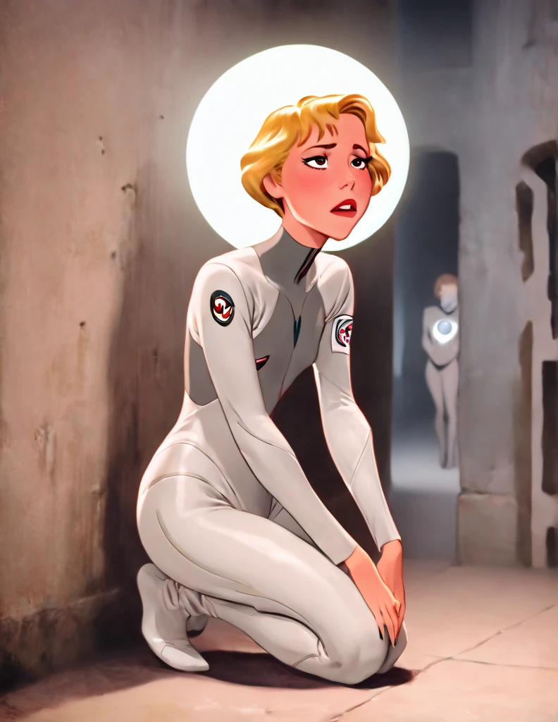  There is a very thin anorexic  short haired blonde woman who  is kneeling with ger legs together. The woman  is wearing a gray sci-fi body suit with fingers and toes. Her suit is dirt with patches of faded brown seen on the suit.The anorexic  woman has an horrified expression on her face. The anorexic woman has sunken in cheeks. A bright white orb of energy is in font of the anorexic woman.. . She is in a dark scifi hallway that is barely lit up. 