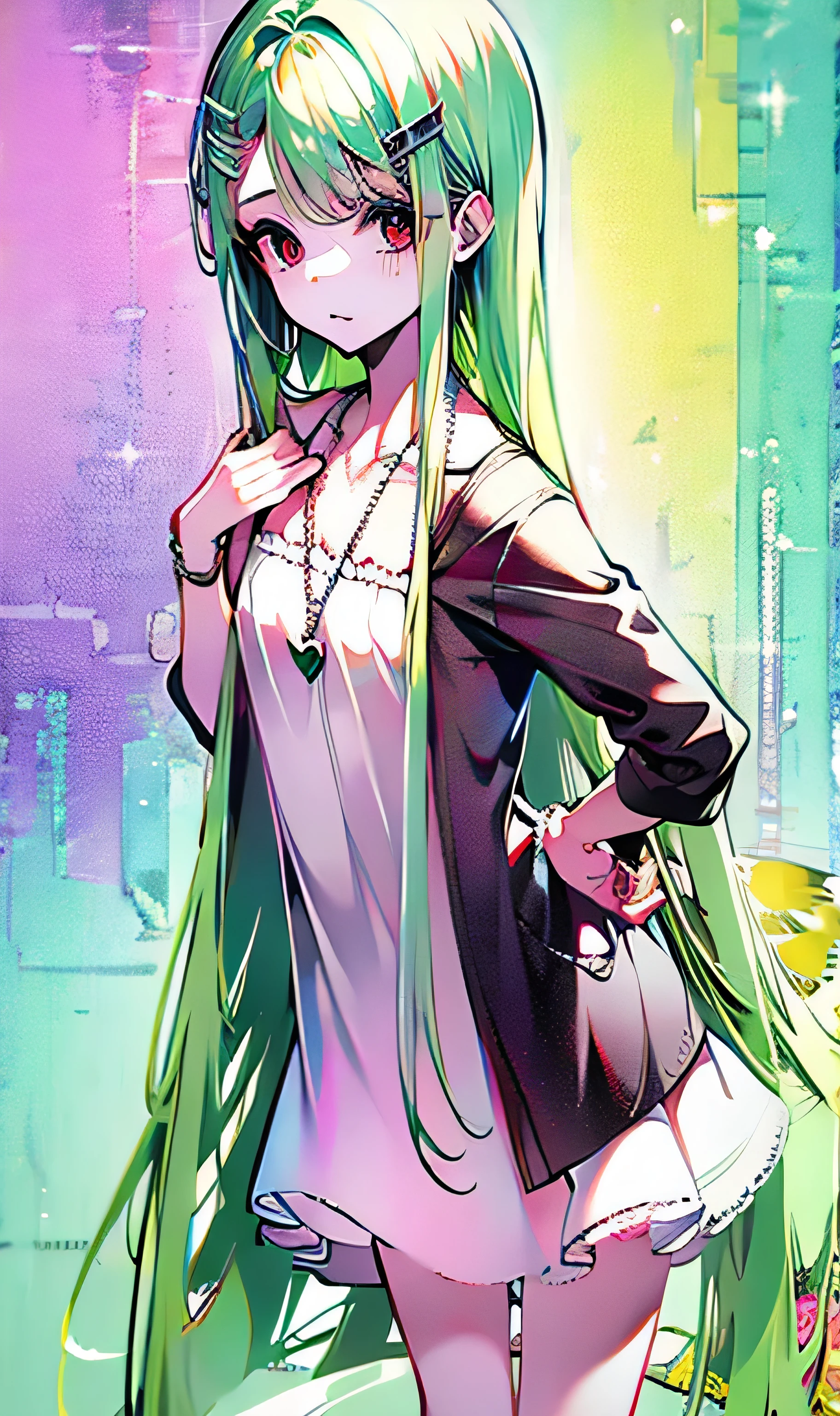 4K, masterpiece, 8k, high quality, high quality, cute student, Very white skin, absurdly long lime green hair, Thin green eyebrows, swept bangs, (small Chest), feminine, Tilt, Elegant, Elegant, cute, plain white mini dress, (((red eyes))), ((long sidelocks)), silver heart necklace on her upper chest, cowboy shot, colorful, decora, rainbow palette