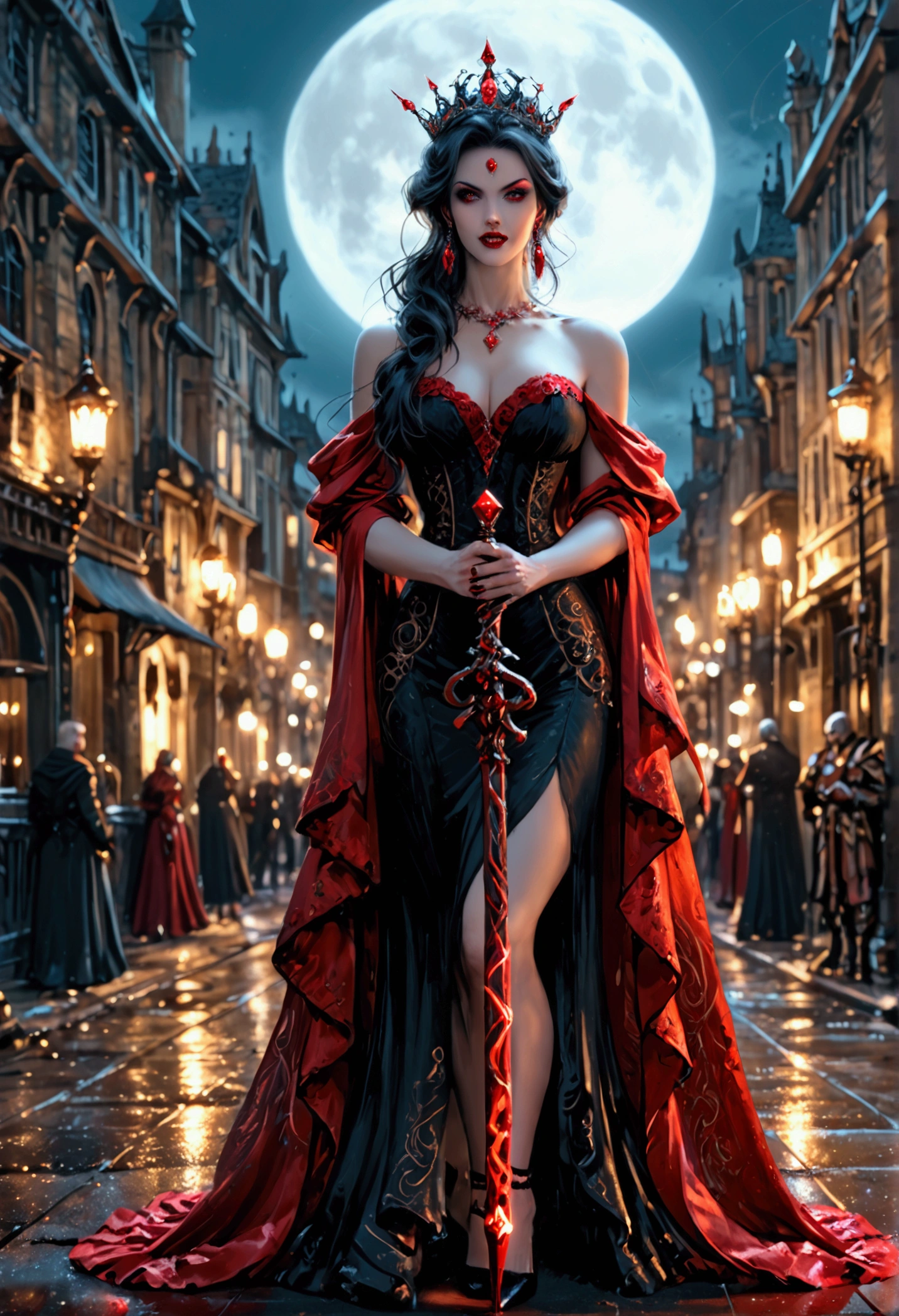 a female vampire (dancing: 1.3) in the rain during lightning storm, goth art, dark fantasy art, glamours (vampire: 1.5) model shot, RAW, award winning picture of a female vampire, dynamic hair color, dynamic hair style, pale skin, full body, busty woman, most beautiful face ultra detailed face, long hair, wavy hair, pale skin, wearing lace dress, wet dress, dynamic color, dynamic style dress, (intense detailed dress: 1.3), wearing intricate high heels, light make up, modern day high society street in a (lightning: 1.3) storm heavy rain, sense of glorified sensation in the storm, (anatomically correct: 1.4),  picture taken from dynamic range, vibrant, Ultra-high resolution, High Contrast, (masterpiece:1.5), highest quality, Best aesthetics), best details, best quality, highres, ultra wide angle, 16k, [ultra detailed], masterpiece, best quality, (extremely detailed), Intense Gaze, goth person