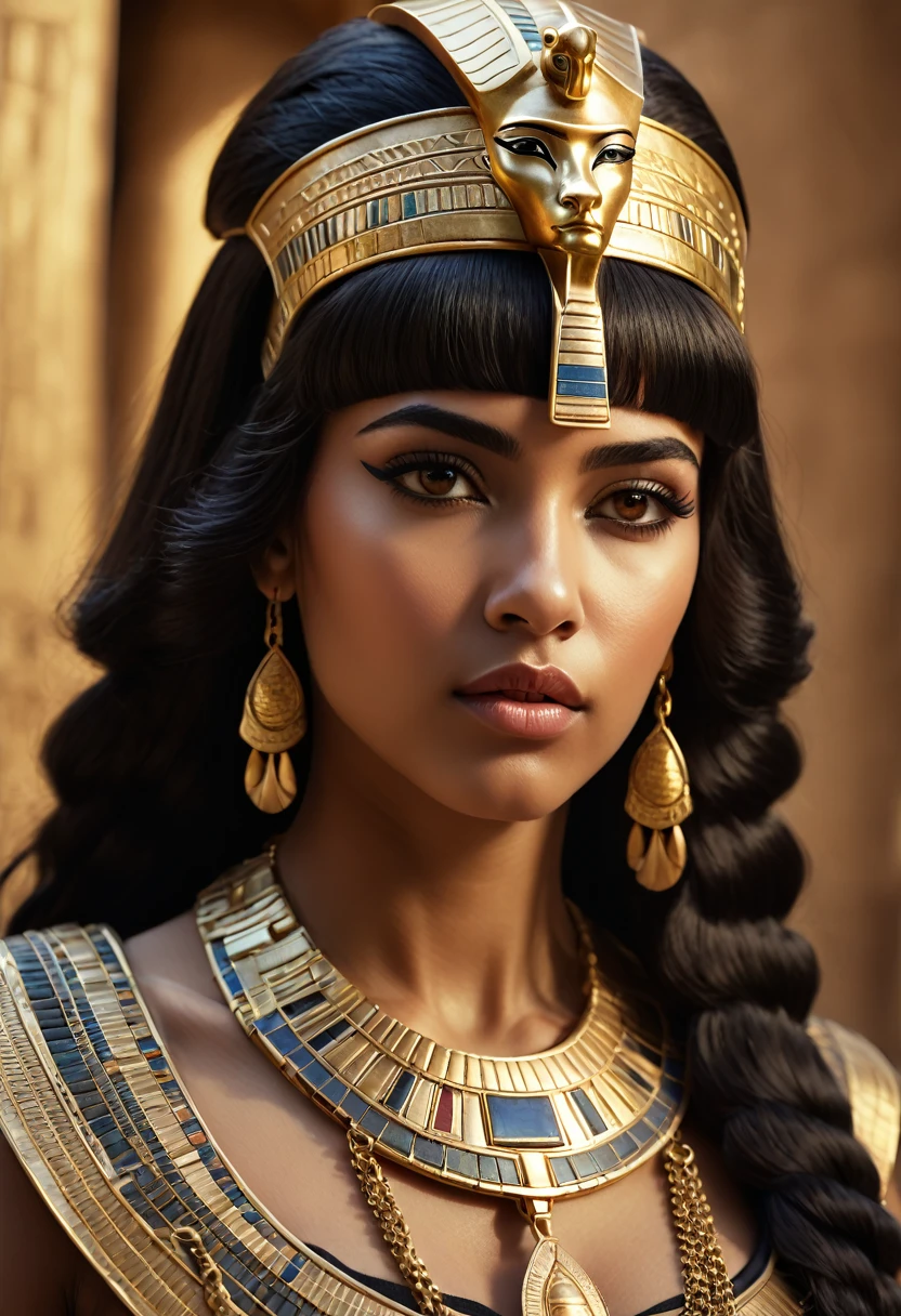 UHD, 4k, ultra detailed, cinematic, a photograph of  Long time ago In ancient Egypt, Cleopatra VII, Thea Philopator, Queen of the Ptolemaic Kingdom of Egypt a woman with a gold headpiece and a necklace, Ancient style, historical style, movie themed, sharp, detailed, epic cinematic photography, artistic style, creative style, dramatic cinematic light, cinematic color style, Kodak motion picture film style, cinematography style, Egyptian mythology style, 1girl, solo, bangs, simple background, black hair, brown eyes, jewelry, closed mouth, earrings, dark skin, necklace, lips, chain, portrait, brown background, realistic, gold, egyptian, egyptian clothes, gold chain, ankh, usekh collar, epic, beautiful lighting, inpsiring