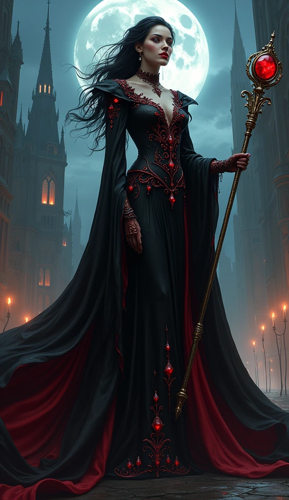 Beautiful, evil cult leader with brown hair tied in a bun. Dark red lips curled up into a smile. Black blood stained robes tight against her perfect body. A bloody dagger in her hand as she completes another ritual sacrifice of a superhero.
