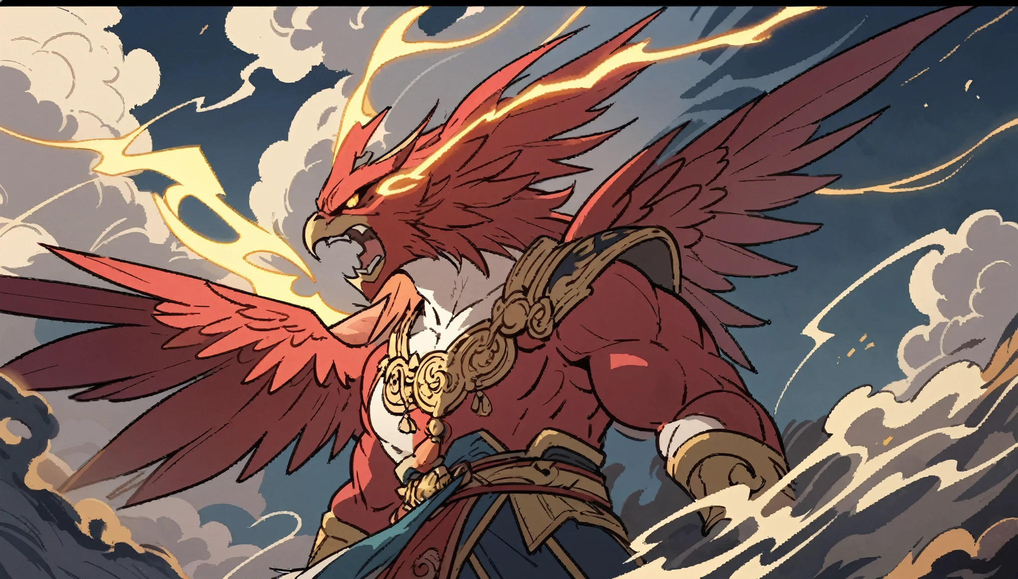 leigong, god of thunder, throwing lightning, wings, lightning, red wings, falcon face, bird-like face, gold beak, chinese god of thunder, upper body, epic scene, lightning clouds, chinese style, clouds, thunder, lighting, flat vector, outlines, illuminating the sky, hd, vector, illustrated, hd, 4k detailed, high quality, artisitc