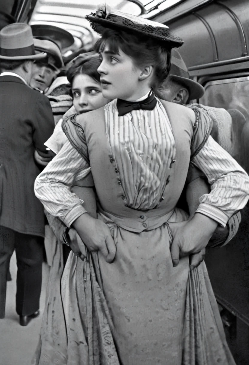 Crowded elevated train, New York City, year 1900. Lascivious 72yo man hugging his gorgeous **** fiancée from behind, grabbing her breasts, 40k, photograph, masterpiece, Highest quality, Dark Gray Background, ((1900_dr3ss)), An elderly man is leaning on a girl from behind. Girl wearing a high-collar long sleeve dress and hat. Man wearing a three-piece suit