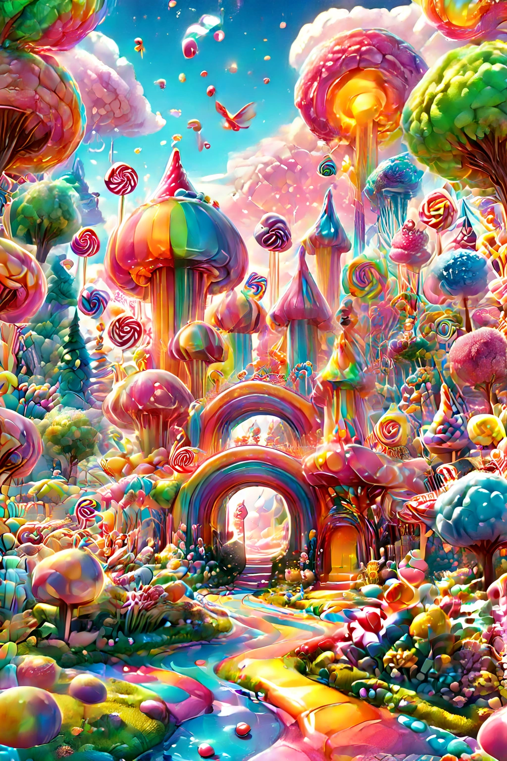 land of sweets, Amusement park made of candy, magic forest, colorful candy towers, shiny roofs, Rainbow Bridge, honey river,  Sweet scent, lollipop trees, cotton candy clouds, vibrant and lively atmosphere, shiny floating particles, children playing, sweet slimes, jelly trampolines, A castle made of candy and lollipops, very beautiful, Magnificent, beautiful, in rainbow colors, ;I want it to be in rainbow colors Real Photo, Shot with a 50mm lens, classical composition, work of art, exotic, Color correction, amazing visual effects, crazy details, intricate details, sharp focus, super high effect, HD, 8k