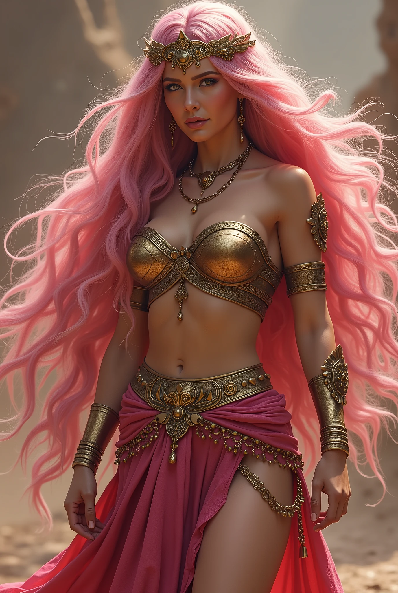BEAUTIFUL PINK HAIR BOMBSHELL FEMALE GODDESS IN A LONG SPLIT BLUE DRESS, HUGE LONG HAIR, VOLUMOUS HAIR, WIND EFFECT, LIGHT GRAY EYES, PALE SKYN, HIGH CHEEKBONES, ROSY CHEEKS, MENTAL FORAMEN, SERIOUS FACE EXPRESSION, NECKLINE CLEAVAGE, LONG SPLIT BLUE DRESS, EXPOSED GORGEOUS THIGHS, GOLDEN DETAILS, GOLD HEADBAND, GOLD GAUNTLETS, LONG GOLDEN GAUNTLETS, GOLD CHOKE COLLAR, GOLD SANDALS, STRONG ATHLETIC BODY, MUSCLES, ARMS, DETAILED DELTOIDS, THICK GORGEOUS EXPOSED THIGHS, DETAILED QUADRICEPS, ABDOMEN, DEEP DESERT, ROCKY MOUNTAINS, SUN, BACKLIGHTS, MASTERPIECE, ACCURATE IMAGE