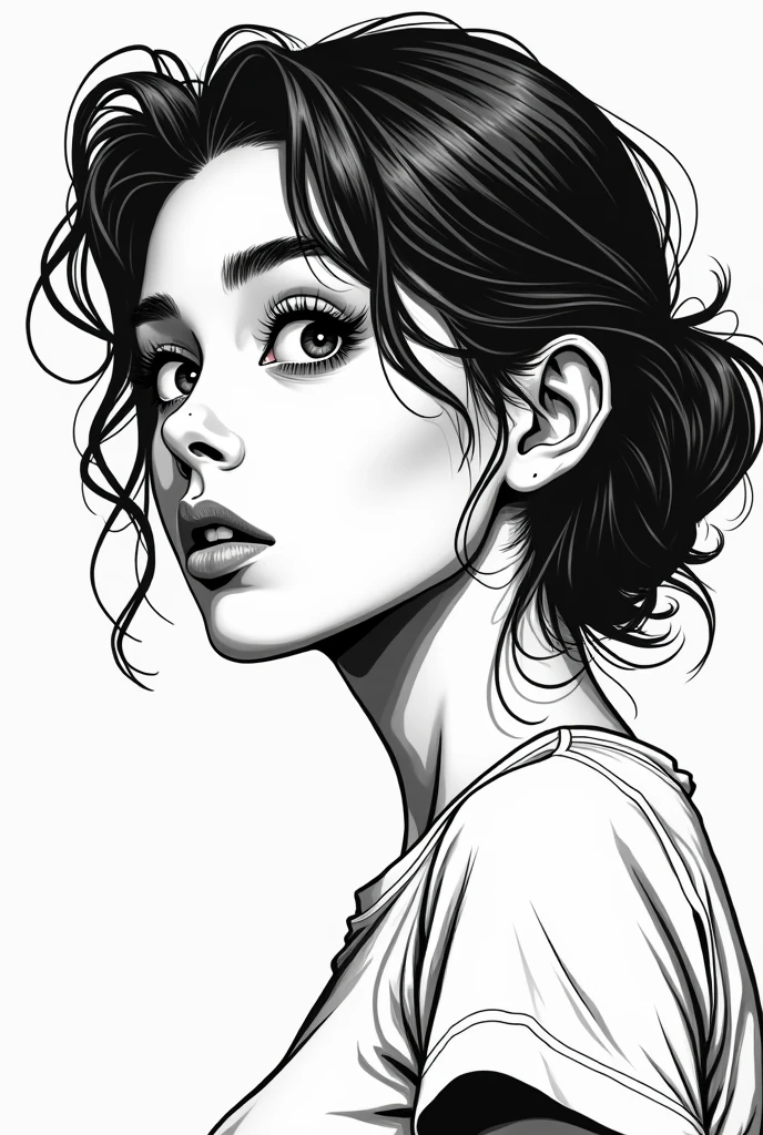 Estilo SinglelineArt, retrato de uma linda garota, monocromatic, arte linear, random dashes, cabelo preto