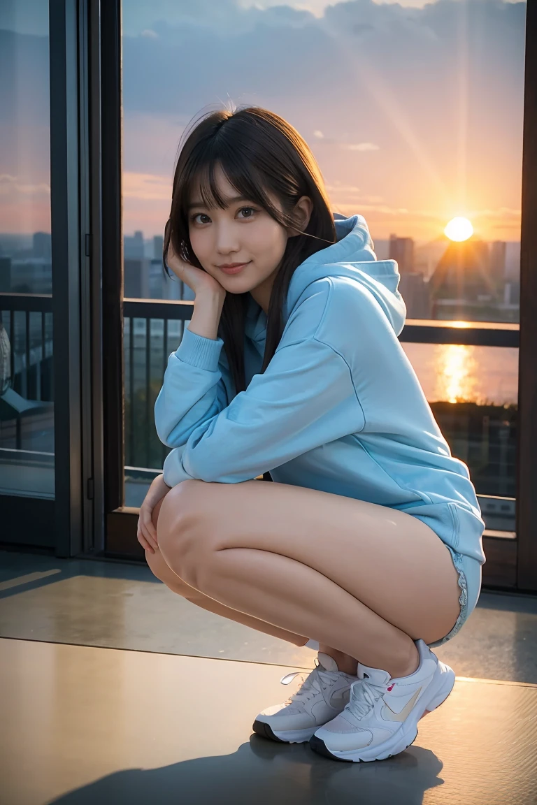 (RAW photo, best quality, high quality, highres), (realistic, photo-realistic), ultra-detailed, (front lighting), physically-based rendering, 1girl, 20 years old, (looking at viewer), (highly detailed skin:1.3), smiling, head tilt, very very long longest hoodie, light blue hoodie, bare legs, (no pants), can see through panties, sport shoe, detailed eyes, air bangs, sunset cityscape, crouching, low angle, NSFW