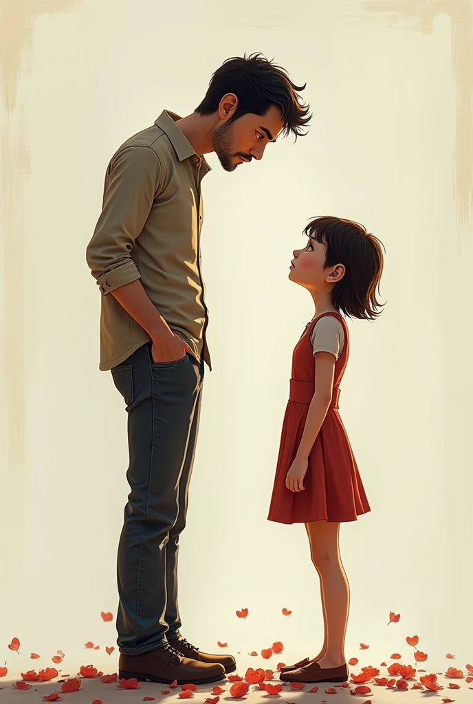 A tall guy apologizing to a short girl and I want the phrase to be displayed in text
 "Sorry My Little One, forever K garla"