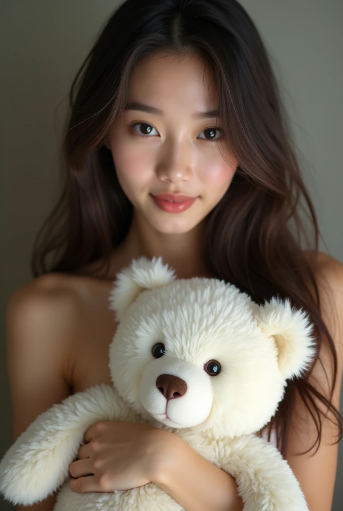 A cute woman (age 20, giga breasts, sheer night gown brightly colored, no underwear) is rolling in a field of flowers at night playing with her teddy bear, sultry poses to viewer