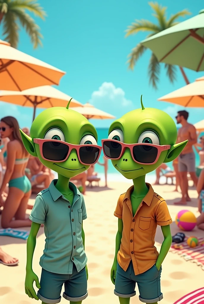 2 aliens, one woman and one man, very ugly, monster faces, scaly muscular bodies, super sweet loving gaze, tender face looking at me , With green eyes and small ears on the beach sunbathing, sitting drinking juice with the beach in the background