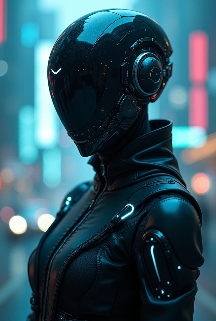 make me an oc with black hair bus mask tight clothes and cyberpunk futuristic style