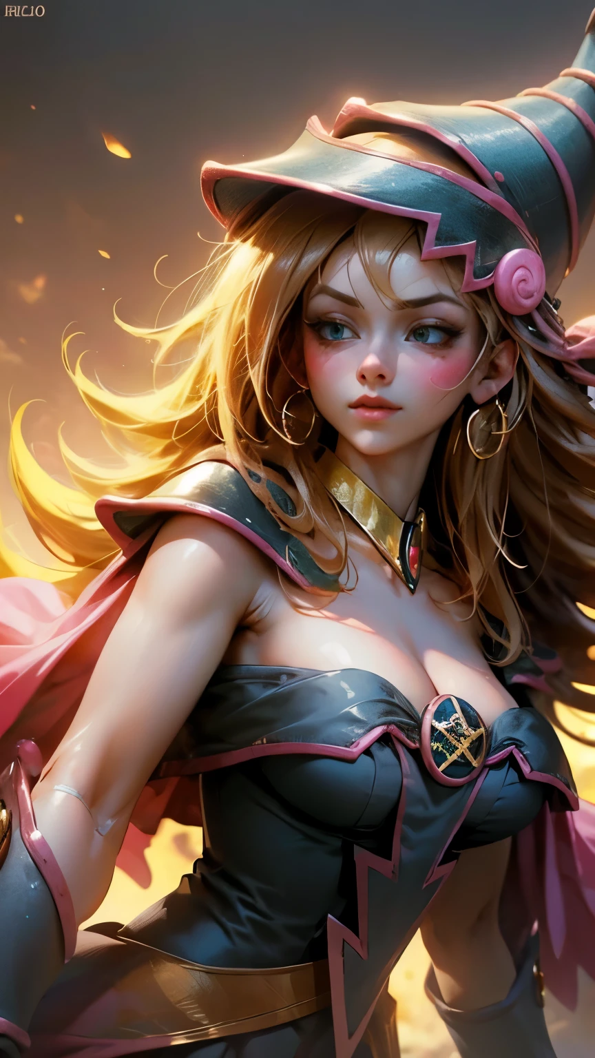 Beautiful face of the dark wizard Gils.. Blue eyes. brio in the eyes. Large and thick false eyelashes, pink lips. blush on the cheeks, profile pose. Looking to one end. Gold earrings. gold necklace. thin neck. Long golden hair. big cleavage. big breasts.