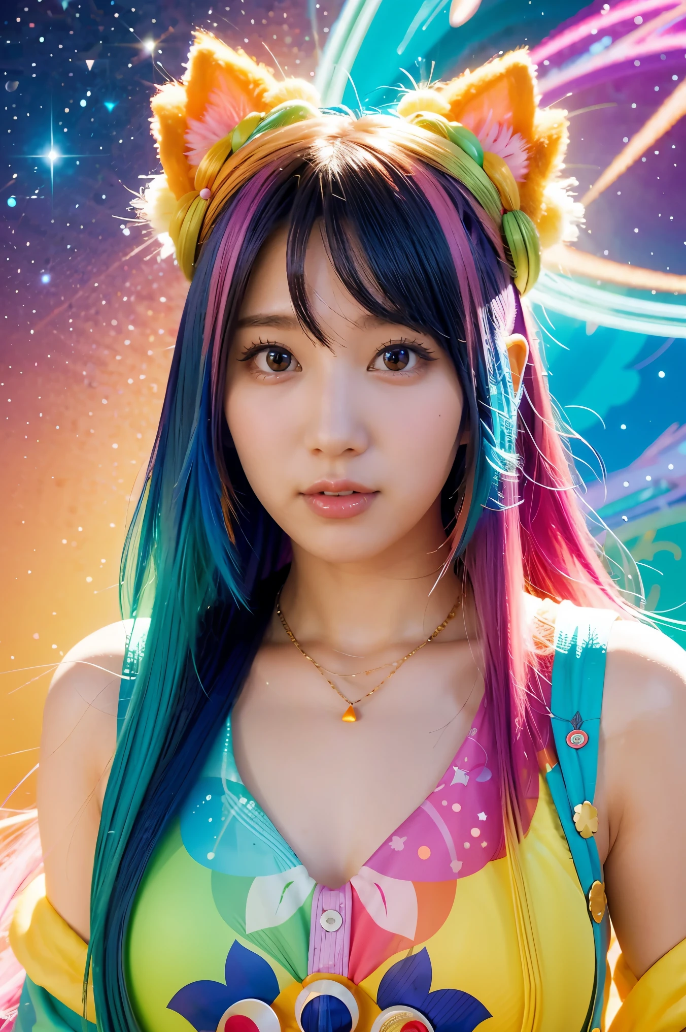 Close-up of a woman with colorful hair and necklace, anime girl with cosmic hair, Rossdraws' soft vibrancy, Gouviz-style artwork, fantasy art style, colorful], vibrant fantasy style, Rossdraws cartoon full of energy, cosmic and colorful, Guweiz, colorful digital fantasy art, stunning art style, beautiful anime style, white skin, night coat,