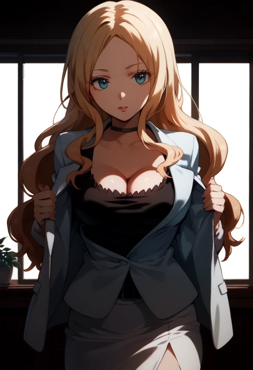 aairina, long hair, parted bangs, blue eyes, breasts, choker, cleavage, suit, black shirt, white jacket, sleeves rolled up, white skirt,(((undressing))),